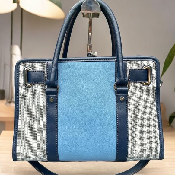 Michael Kors Hamilton Mono Stripe Canvas/Leather Satchel - Navy & Light Blue - Picture 2 of 11